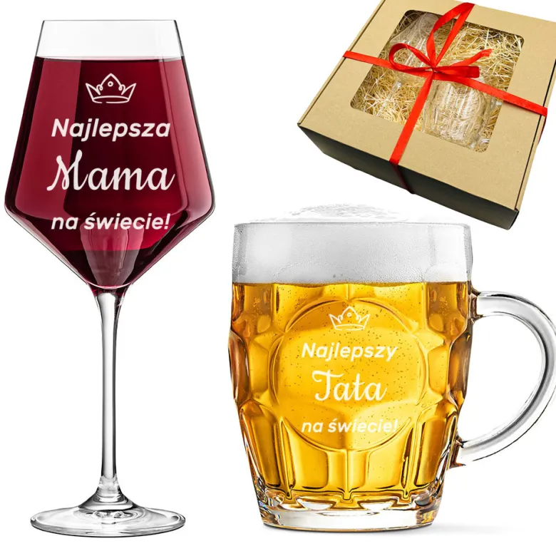 Zestaw prezent dla Rodziców na Święta Rocznicę Ślub - kieliszek + kufel