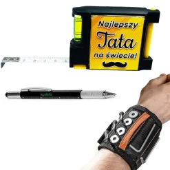 Zestaw Prezent dla Taty na Dzień Ojca Urodziny - opaska magnetyczna, miarka z poziomicą oraz długopis majsterkowicza